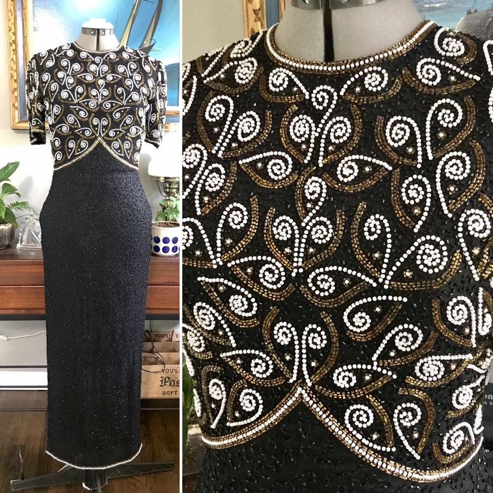 Vintage 80s Brilliante Beaded Evening Dress, Long